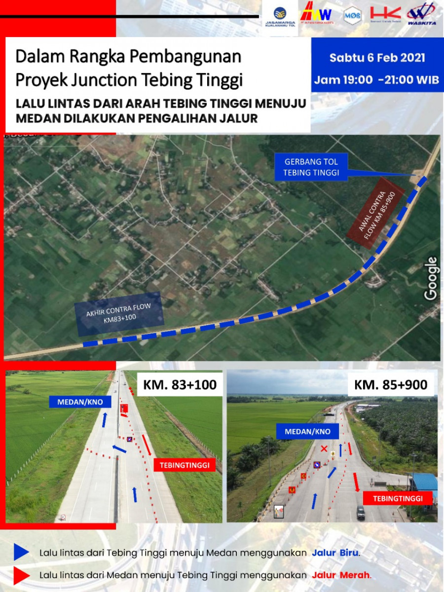 Nanti Malam, PT Jasamarga Kualanamu Tol (JMKT) berlakukan Contra Flow dari Kilometer 83+100 s/d 85+900 arah Medan