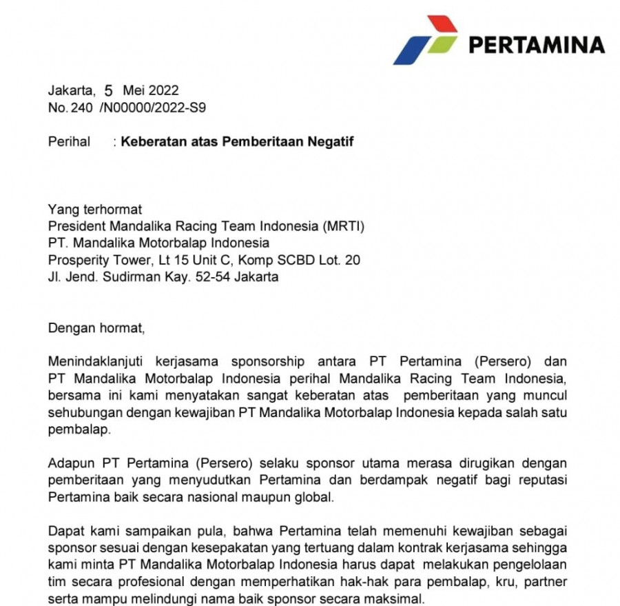 Pertamina Layangkan Surat Keberatan ke President MRTI dan PT Mandalika Motorbalap Indonesia