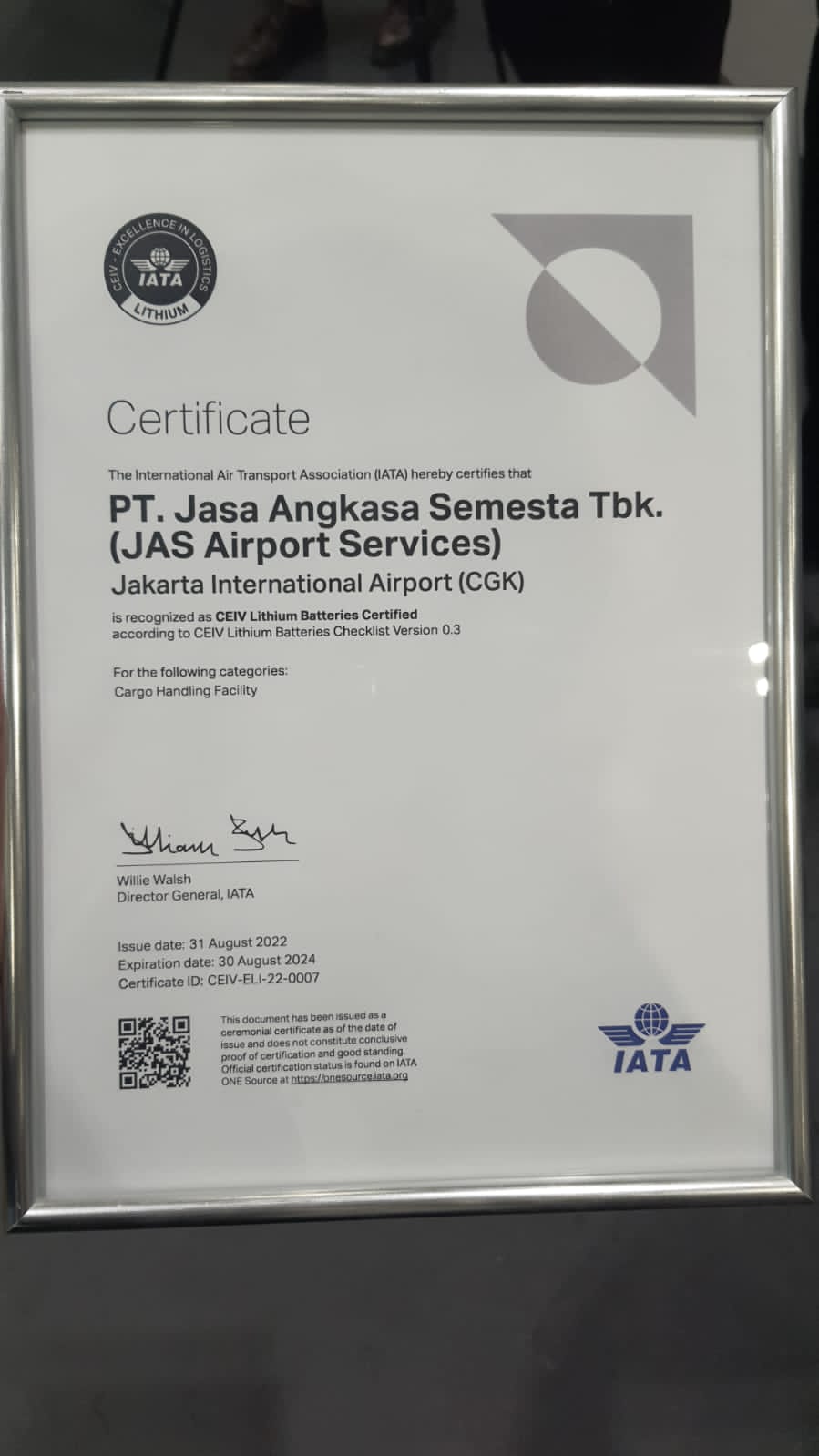 Pertama di Dunia, JAS Peroleh Sertifikasi CEIV Lithium Battery.